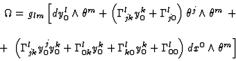 \begin{displaymath}
\begin{array}{r}
\Omega = g_{lm} \left[ dy^{l}_{0} \wedge
\t...
...mma^{l}_{00}
\right)
dx^{0}\wedge\theta^{m}
\right]
\end{array}\end{displaymath}