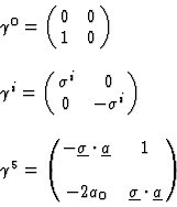 \begin{displaymath}
\begin{array}{l}
\gamma^{0} = \pmatrix{0 & 0 \cr
1 & 0}
\cr\...
... -2a_{0} & \underline{\sigma} \cdot \underline{a} }
\end{array}\end{displaymath}